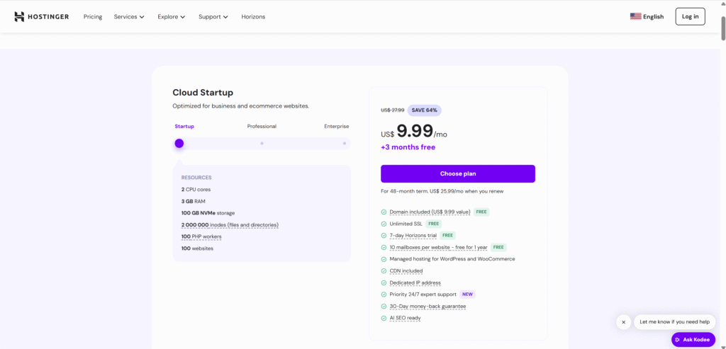 Hostinger Shared Cloud VPS Hosting Plans Comparison Chart