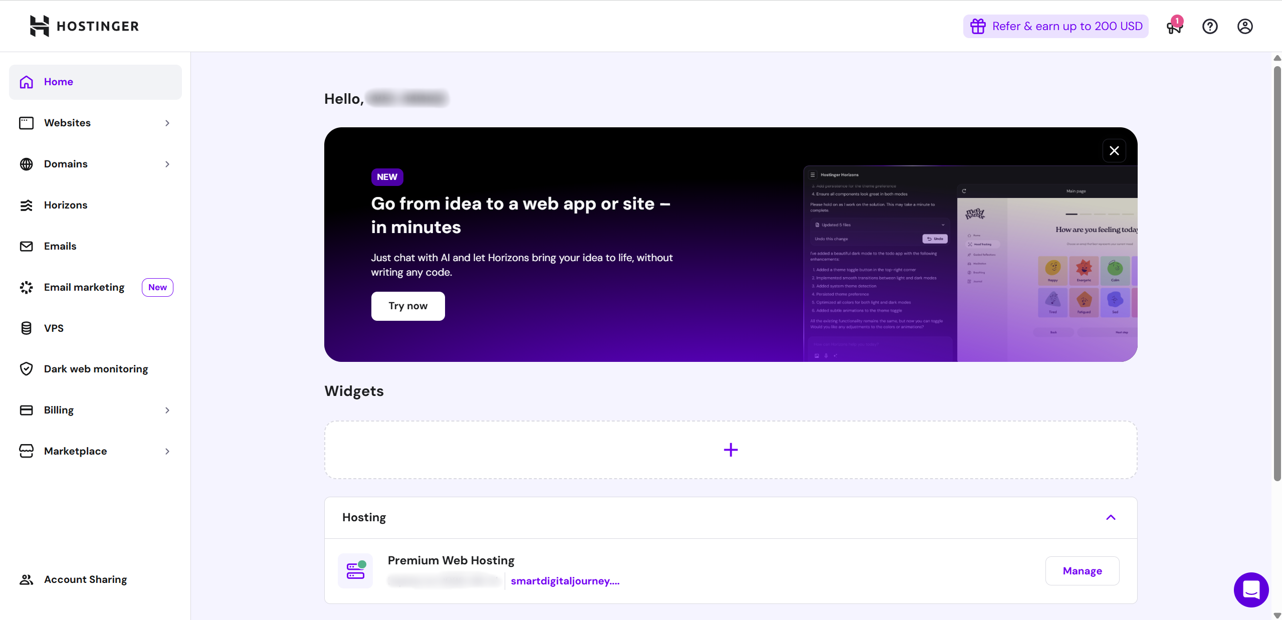 Hostinger hPanel Control Panel Interface Screenshot